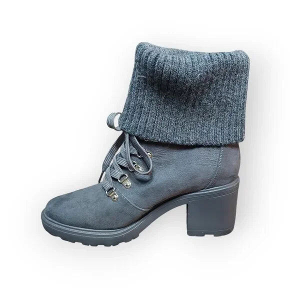 Just Fab Camber Knitted Cuff Lace-Up Booties Gray Caviar Chunky Heeled Size 9 - Picture 4 of 10